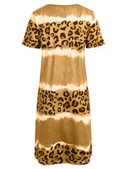 Leopard Print V Neck Dress Short Sleeve Beach Vacation Casual Dress