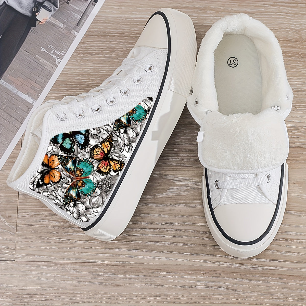 Butterfly Print Plush Lined Chunky Canvas Sneakers