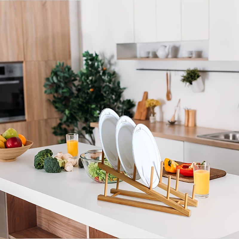 Wooden Dish Rack Bamboo Drying Stand Pot Lid Holder Kitchen Organizer