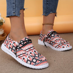 Geometric Printed Lace-Up Flat Shoes Round Toe Lightweight Walking Shoes
