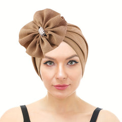 Rhinestone Bow Decor Turban Cap Solid Pleated Hijab Head Wrap