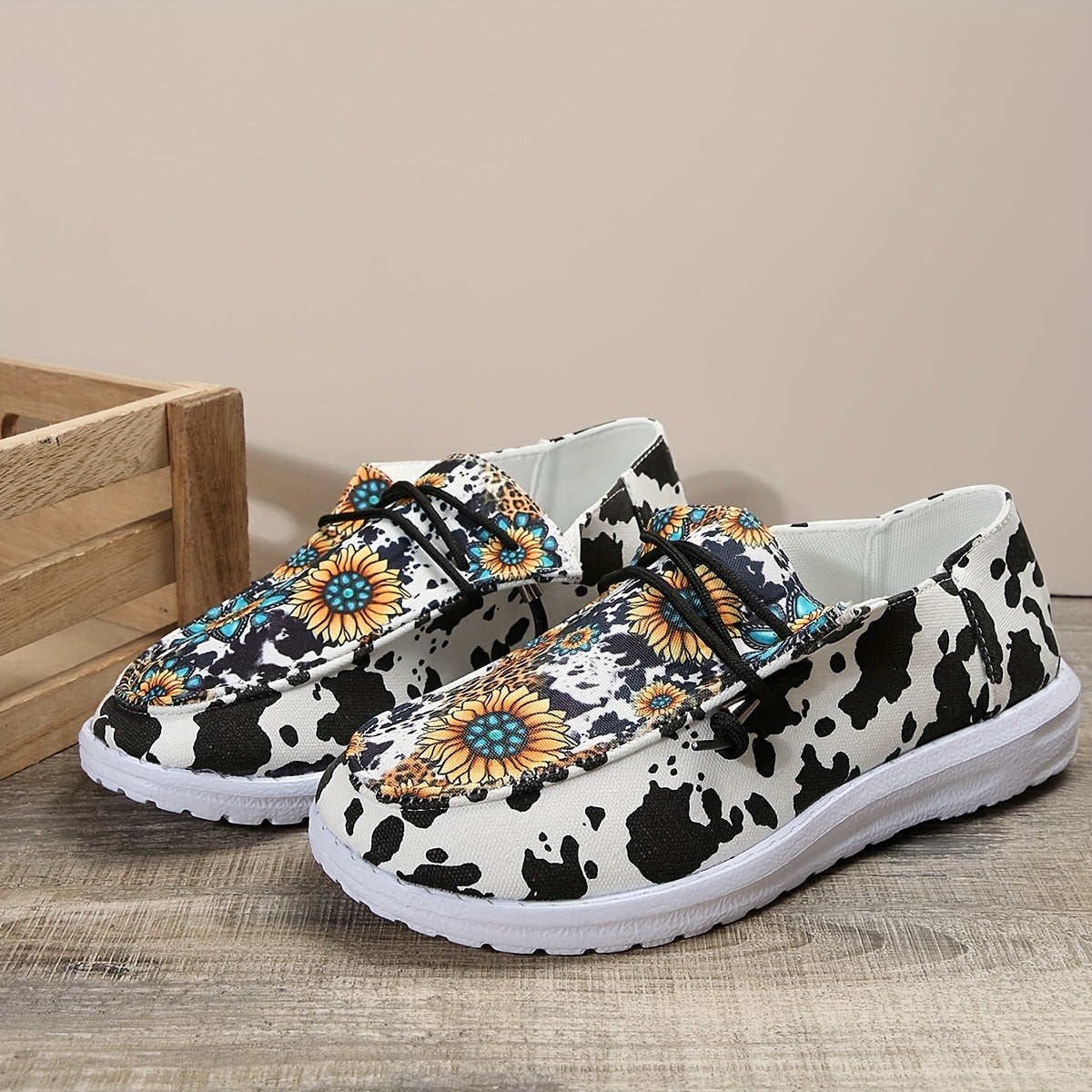Sunflower & Cow Print Boat Shoes Lightweight Flats