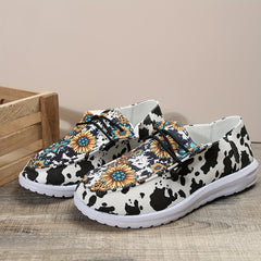 Sunflower Pattern Lace up Boat Shoes Low Slip on Flat Shoes Women