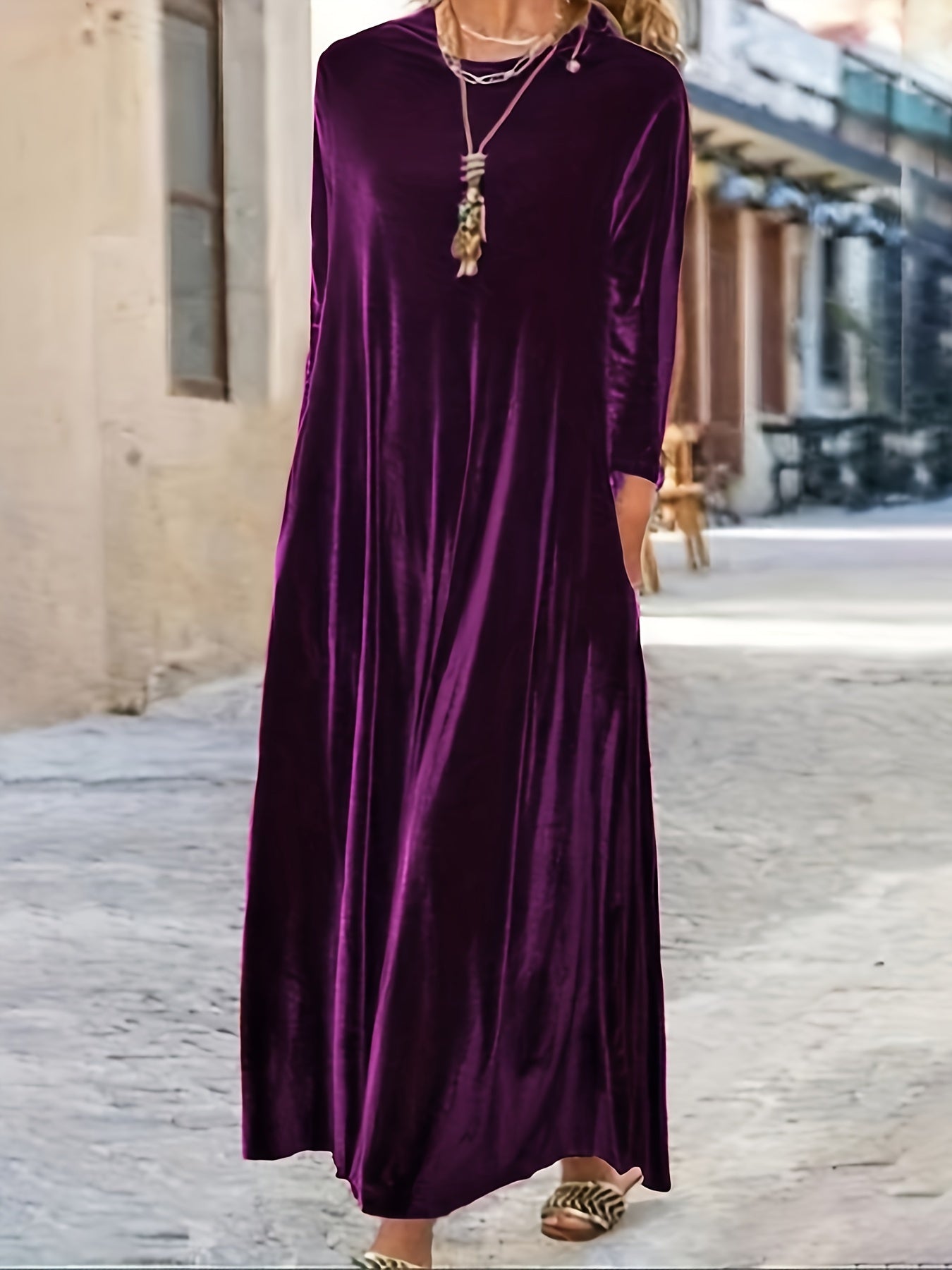 Solid Velvet Long Sleeve Maxi Dress