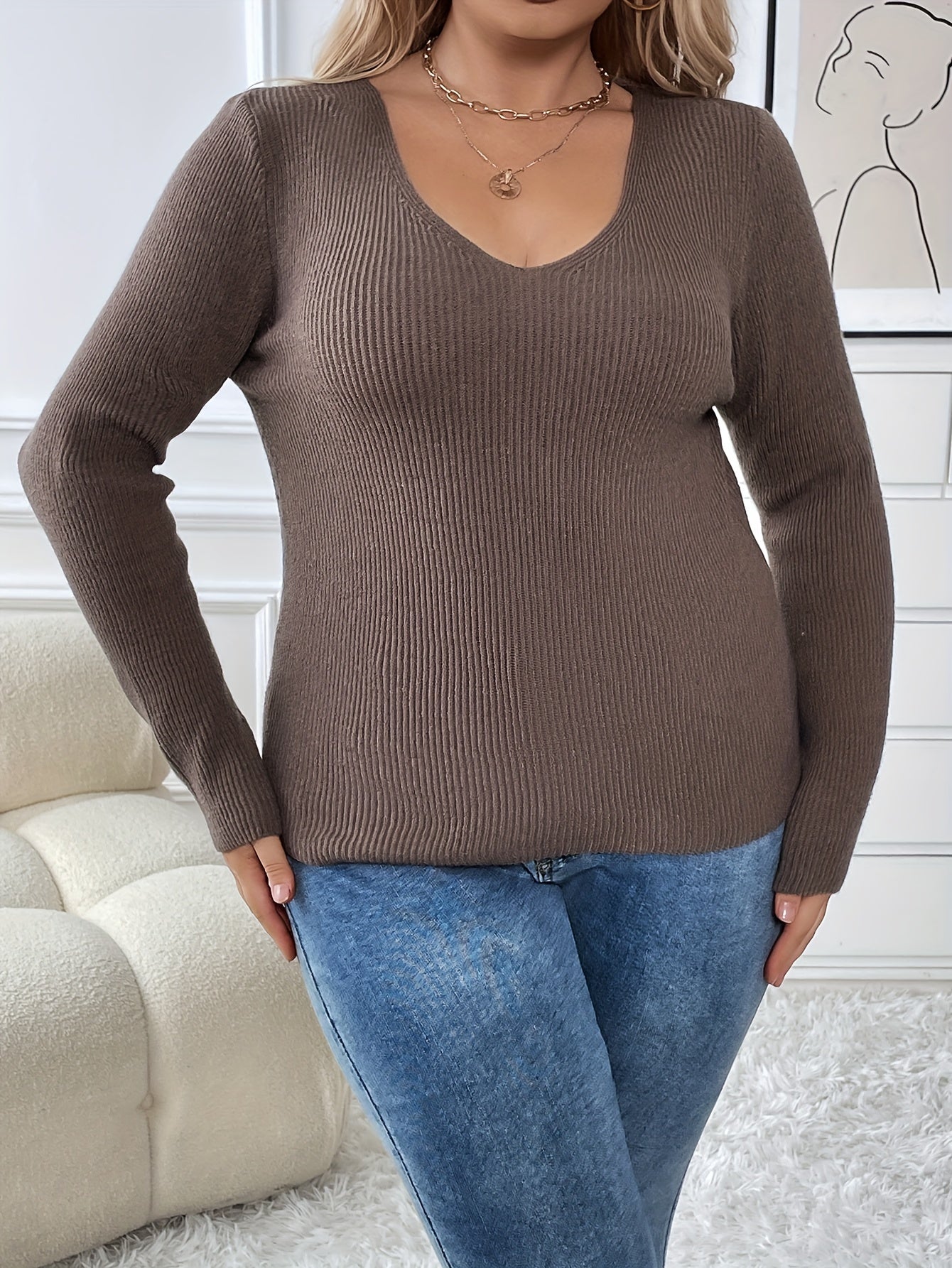 V Neck Ribbed Sweater Long Sleeve Top