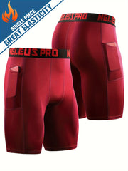 Men's Letter Print Compression Shorts With Pocket Athletic Base Layer