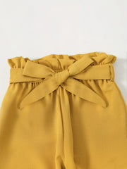 2pcs Girls Sunflower Ruffle Trim Tops & Belted Pants Set