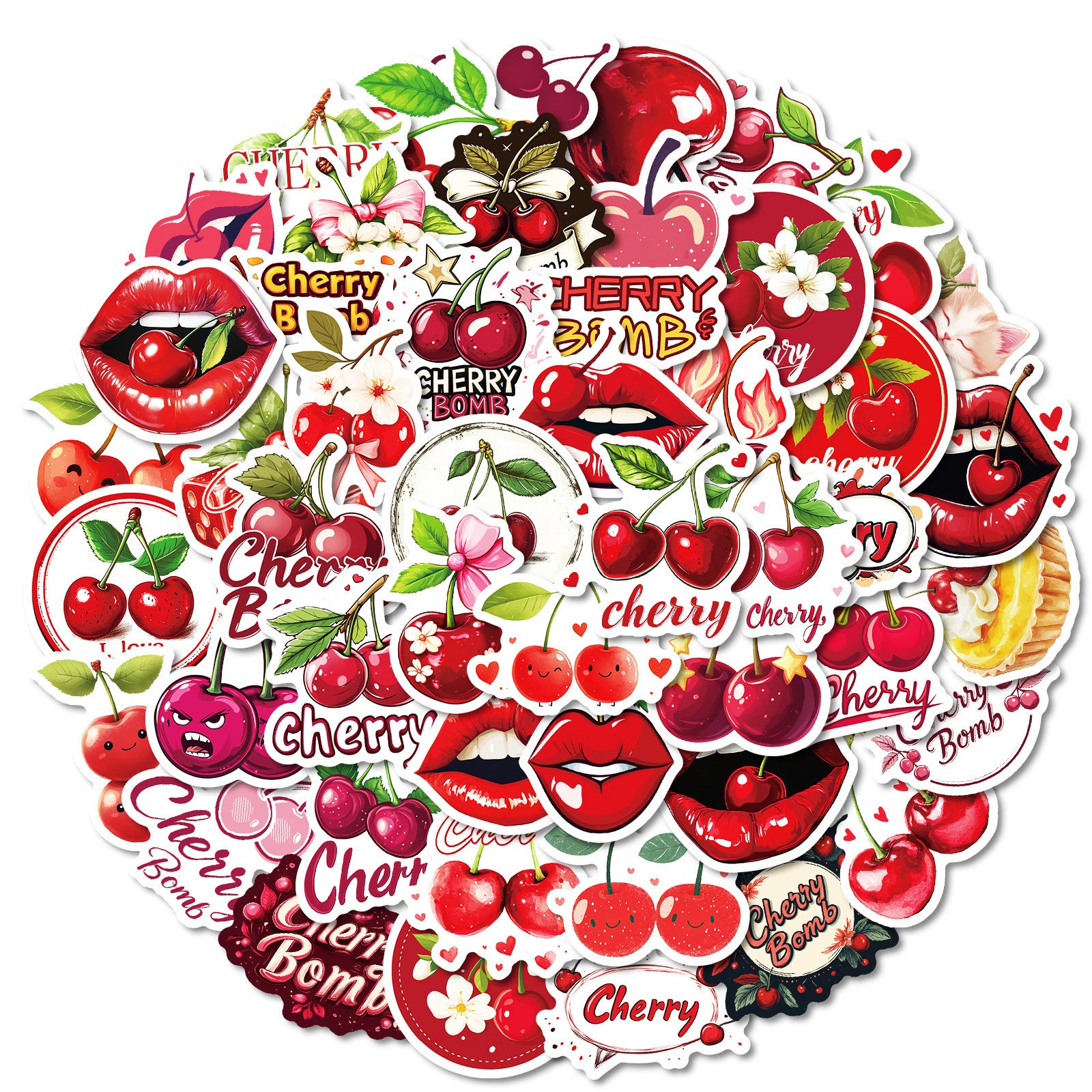 50pcs Cherry Stickers Waterproof Vinyl Decals Cartoon Cats Lips & Cherry Bomb
