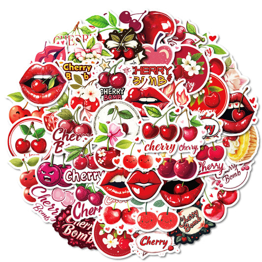 50pcs Cherry Stickers Waterproof Vinyl Decals Cartoon Cats Lips & Cherry Bomb