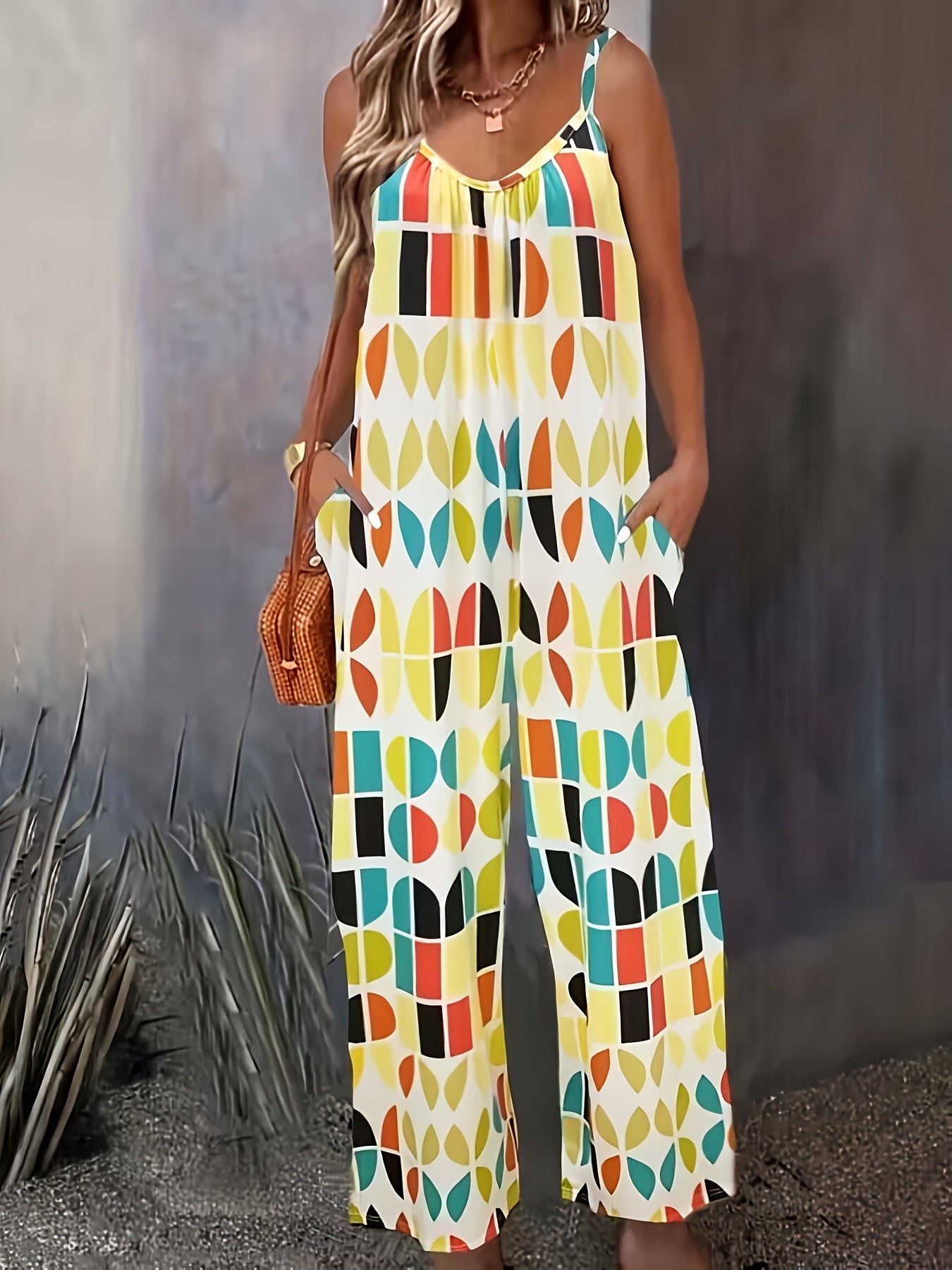 Women's Plus Geometric Print V Neck Wide Leg Jumpsuit with Pockets
