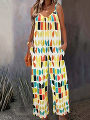 Women's Plus Geometric Print V Neck Wide Leg Jumpsuit with Pockets