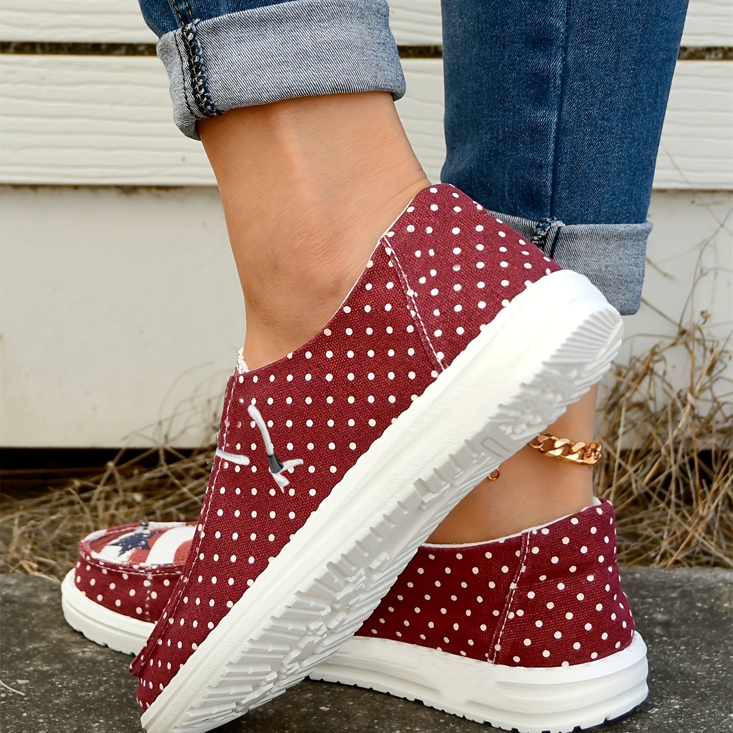 Polka Dot Canvas Shoes Star Pattern Low Top Lace Up Lightweight Comfort