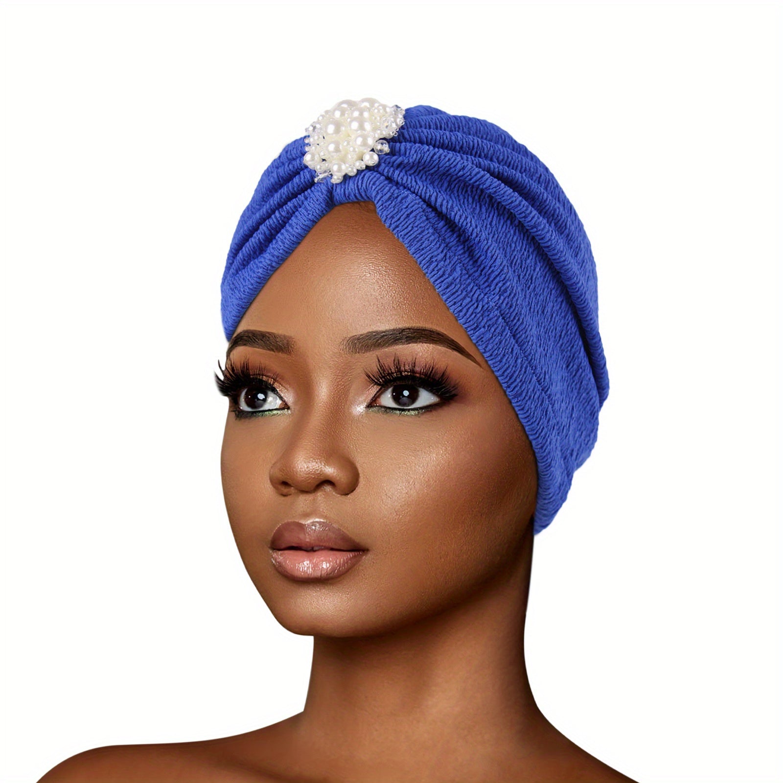 Faux Pearl Decor Turban Cap Embossed Elastic Head Wrap Solid Pleated Beanie
