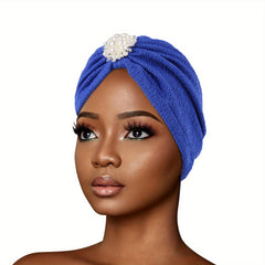 Faux Pearl Decor Turban Cap Embossed Elastic Head Wrap Solid Pleated Beanie
