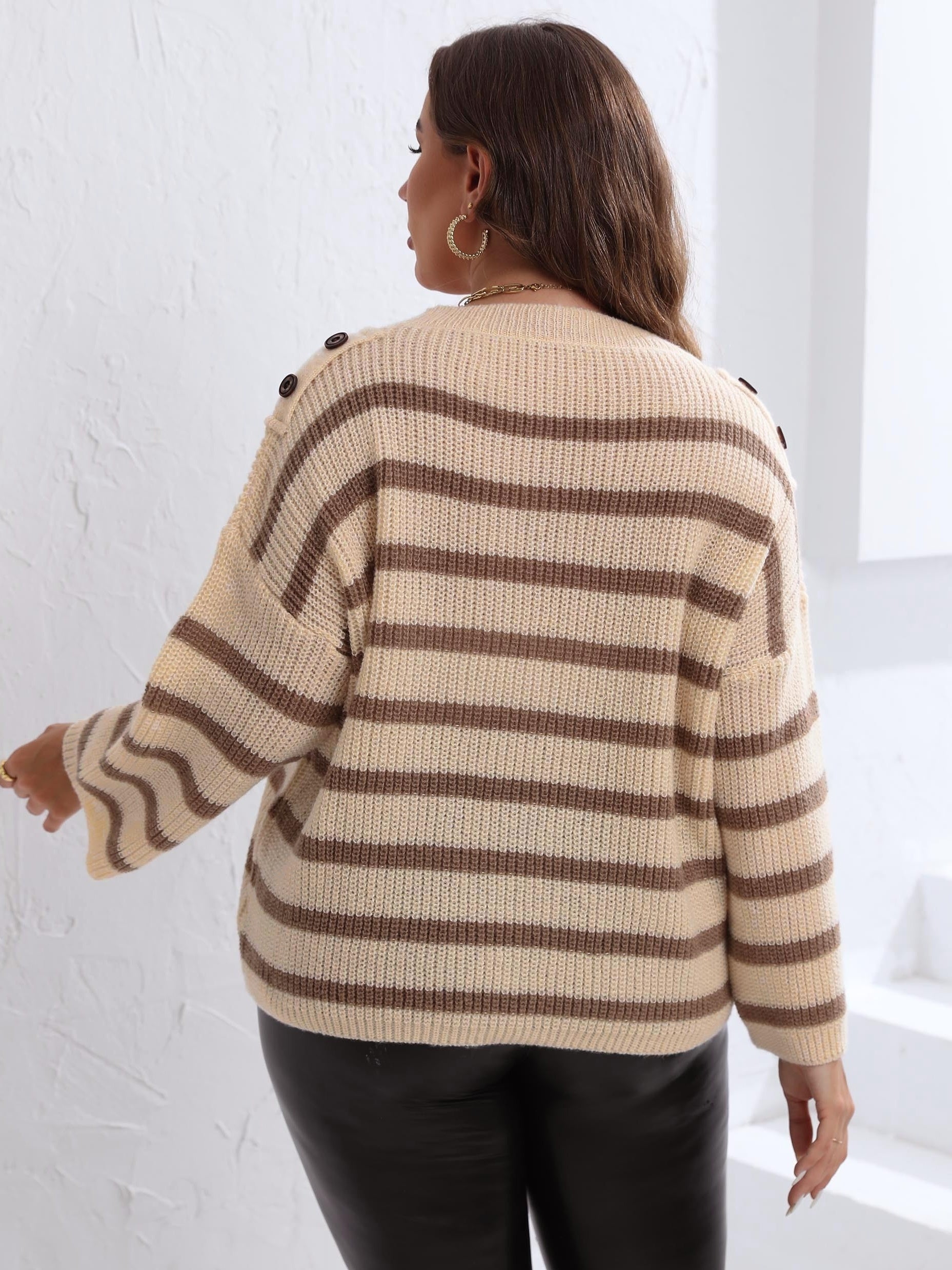 Casual Stripe Print Sweater Drop Shoulder Round Neck Loose Fit