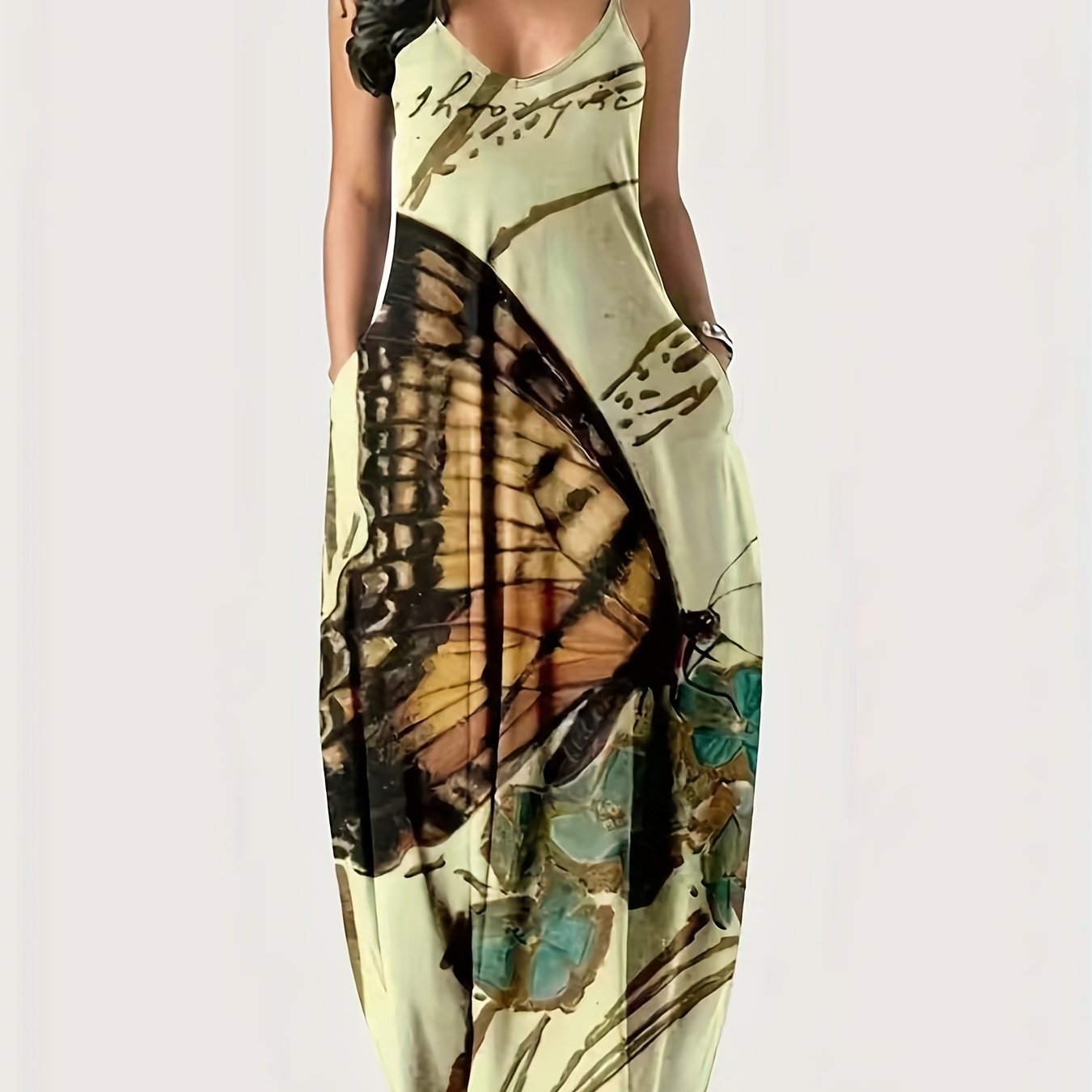 Butterfly Print Maxi Cami Dress with Pockets