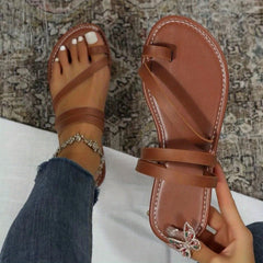 Women's Toe Loop Flat Slippers Casual Open Toe Strappy Non Slip Slides Shoes