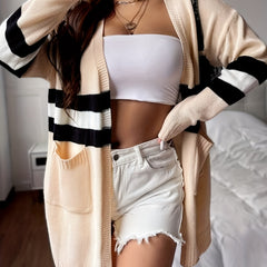 Stripe Print Long Sleeve Open Front Cardigan With Pockets