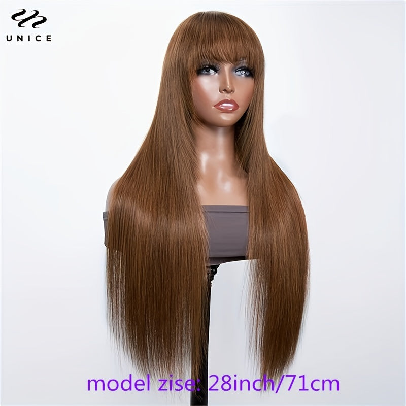 Brown Long Straight Hair Wig with Bangs Glueless Layer Cut Human Hair Wig