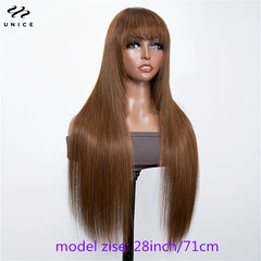 Brown Long Straight Hair Wig with Bangs Glueless Layer Cut Human Hair Wig