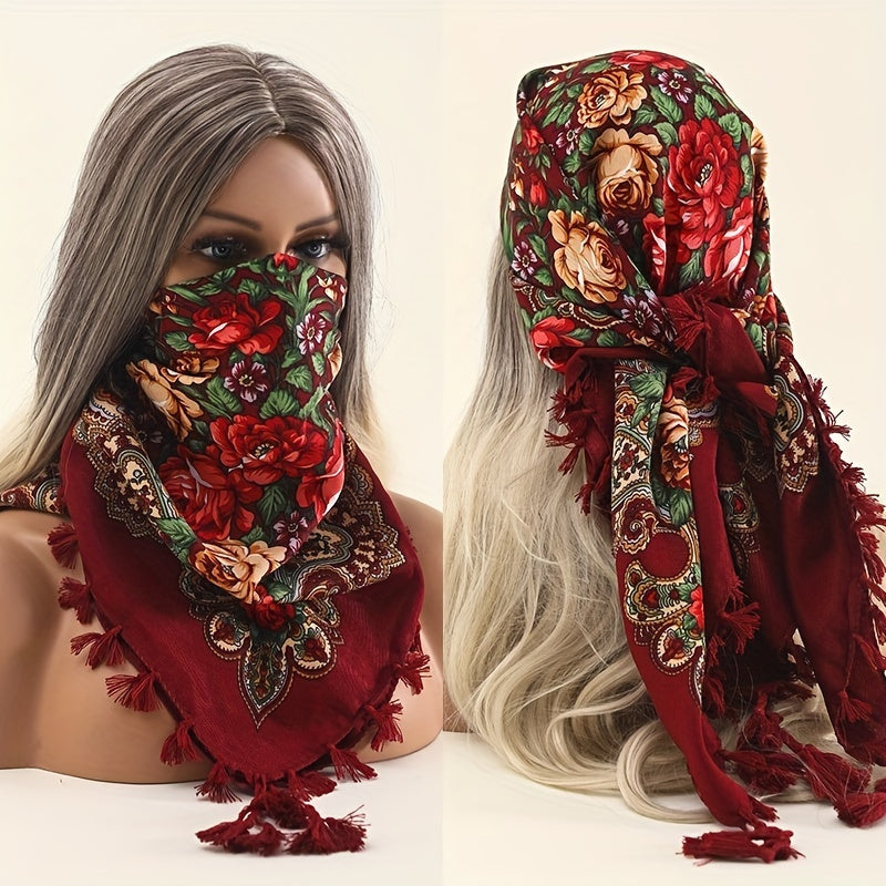 Vintage Print Square Scarf 27.5 Fringed Headband Sunscreen Warm Shawl