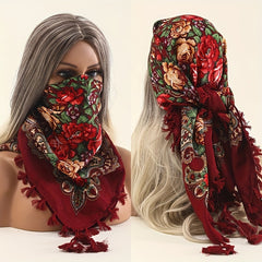 Vintage Print Square Scarf 27.5 Fringed Headband Sunscreen Warm Shawl
