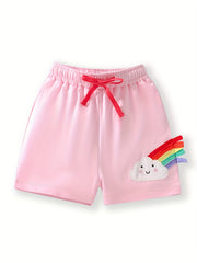 Toddler Girls Cloud Rainbow Embroidered Bow Elastic Waist Cotton Shorts
