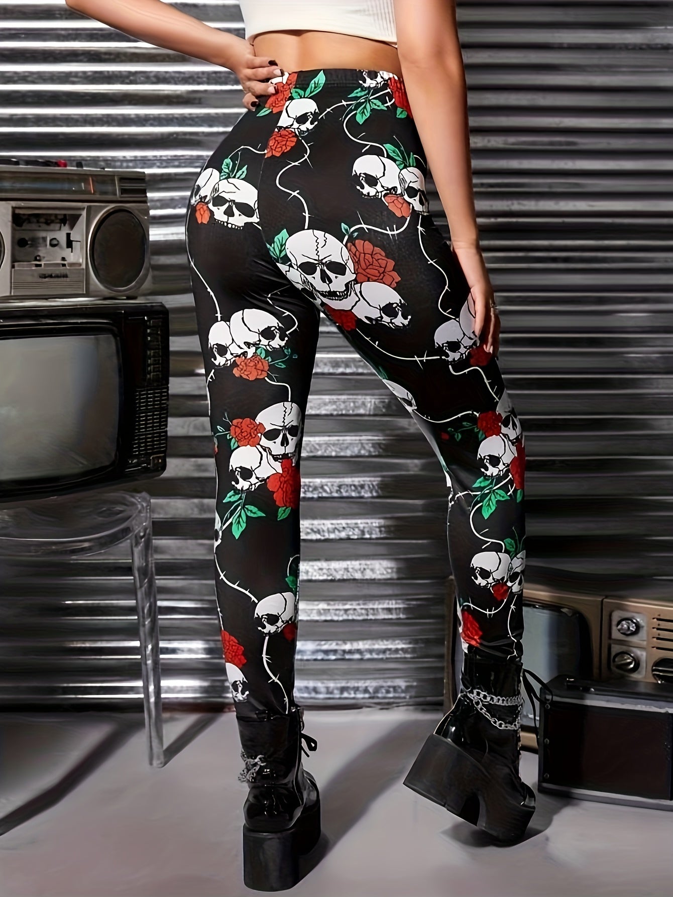 Rose & Skull Print High Waist Yoga Pants