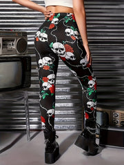 Rose & Skull Print High Waist Yoga Pants