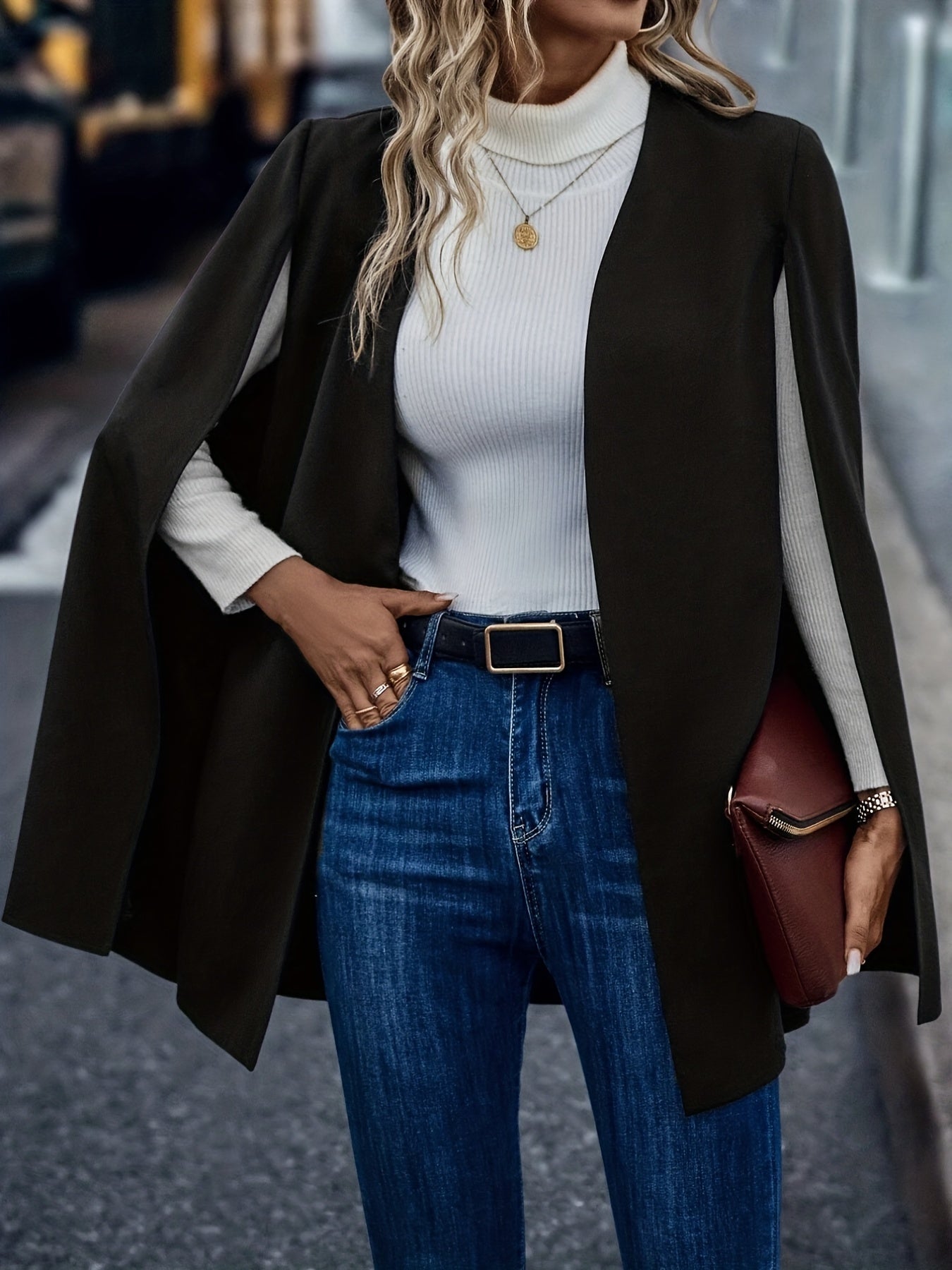 Solid Cape Blazer Open Front Split Sleeve Outerwear