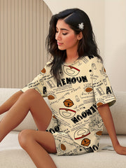 Letter Print Pajamas Set Short Sleeve Crew Neck Top & Lounge Shorts