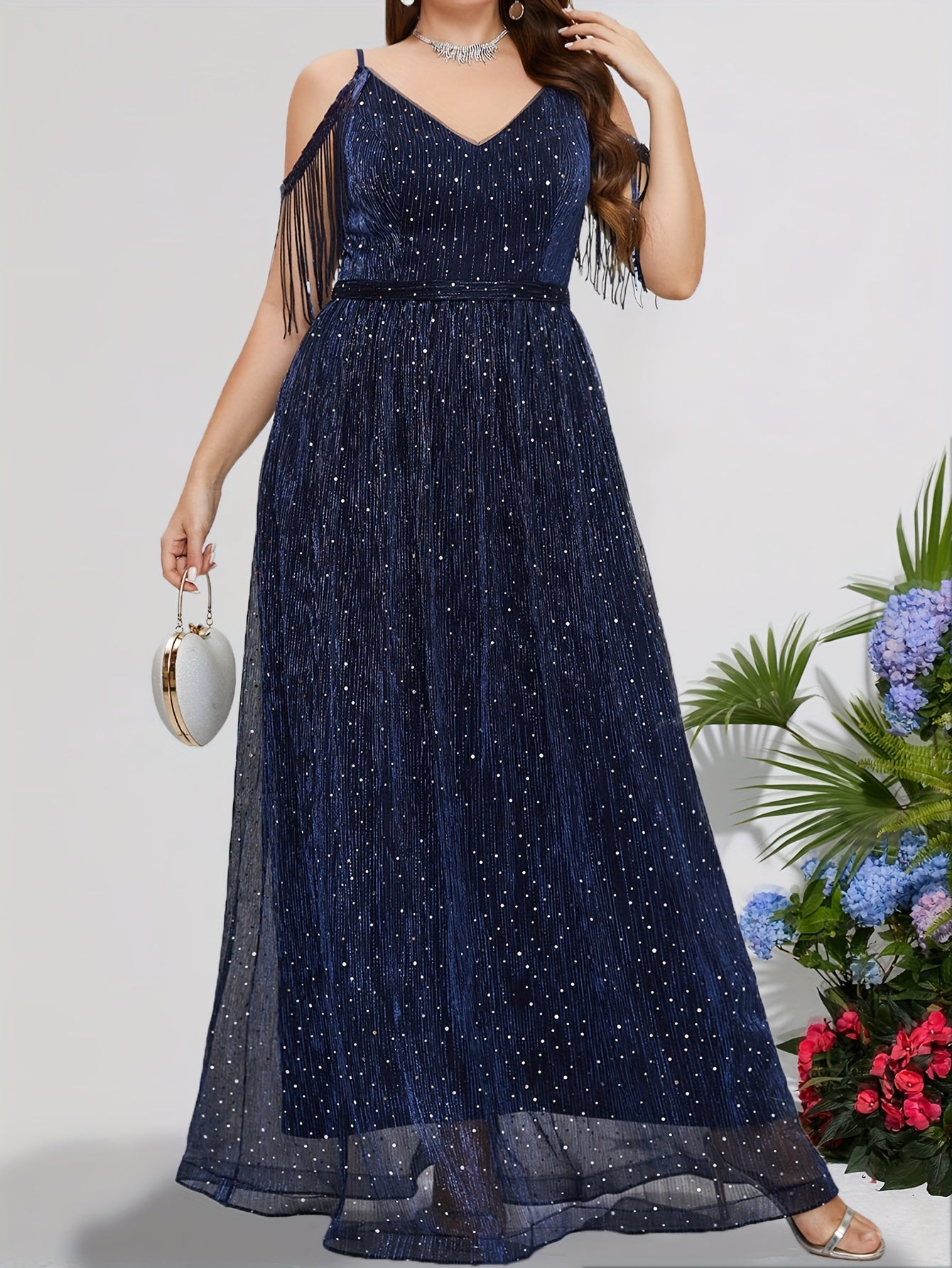 Sequin Fringe Trim V Neck Bridesmaid Dress
