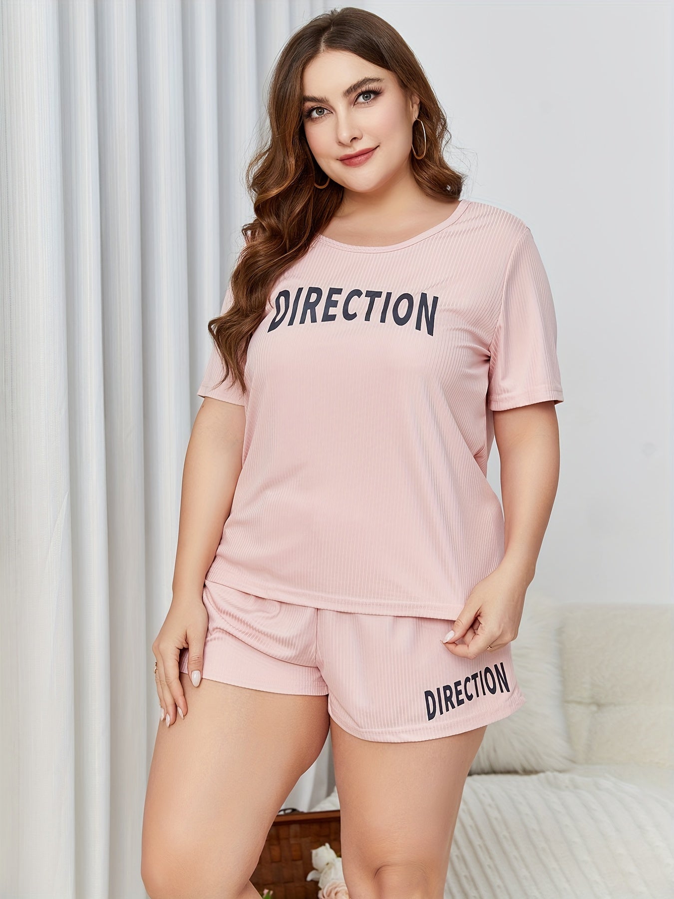 Letter Print Pajama Set Ribbed Short Sleeve Top & Shorts Two Piece