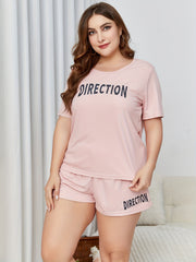Letter Print Pajama Set Ribbed Short Sleeve Top & Shorts Two Piece