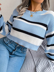 Striped Crop Sweater Long Sleeve Casual Fall Spring Women's Clothing