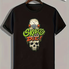 Skateboard & Skull Print Men's Tee for Summer