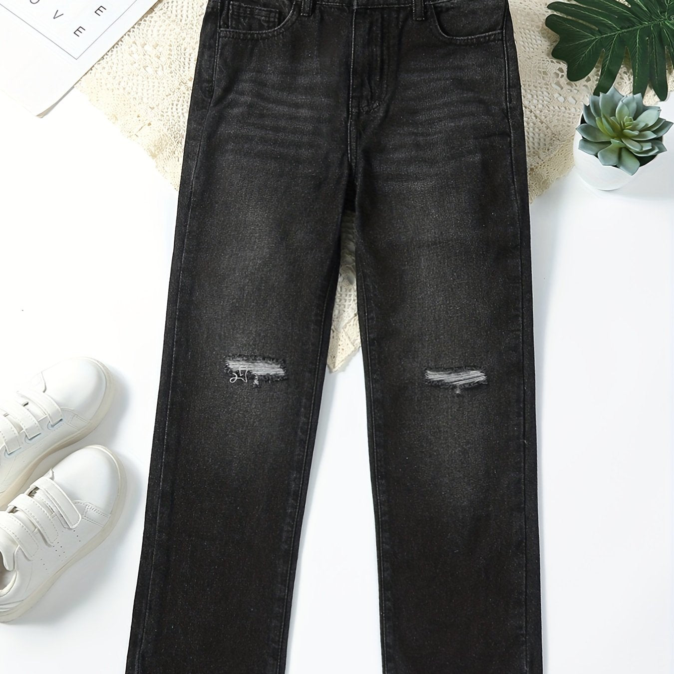 Girls' Ripped Straight Leg Retro Jeans Solid Fit Denim Pants