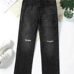Girls' Ripped Straight Leg Retro Jeans Solid Fit Denim Pants