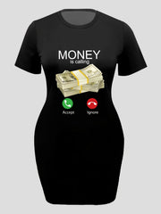 Letter & Graphic Print Short Sleeve Tee Dress Women's Plus