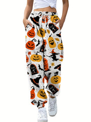 Pumpkin Print Halloween Drawstring Pants Women's Clothing
