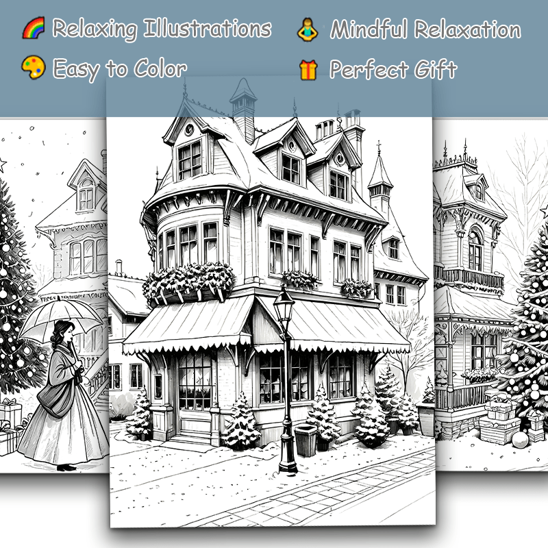 Christmas House Adult Coloring Book Snowy Scene Horse
