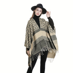 Leopard Print Striped Shawl Warm Windproof Fringed Shawl Wrap