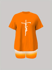 Cross Print Tee & Shorts Set Casual 2pcs Outfits Women's Clothing