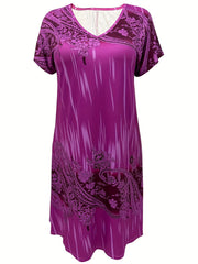 Boho Dress Paisley Print V Neck Stretch Dress