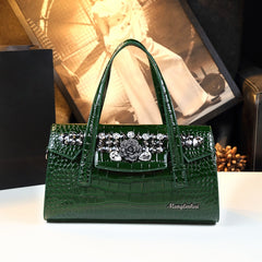 Women's Crocodile Handbag Sparkling Accents Large Capacity Purse Green