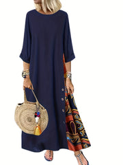 Ethnic Print Boho Maxi Dress 3/4 Sleeve Crew Neck Women's Clothing