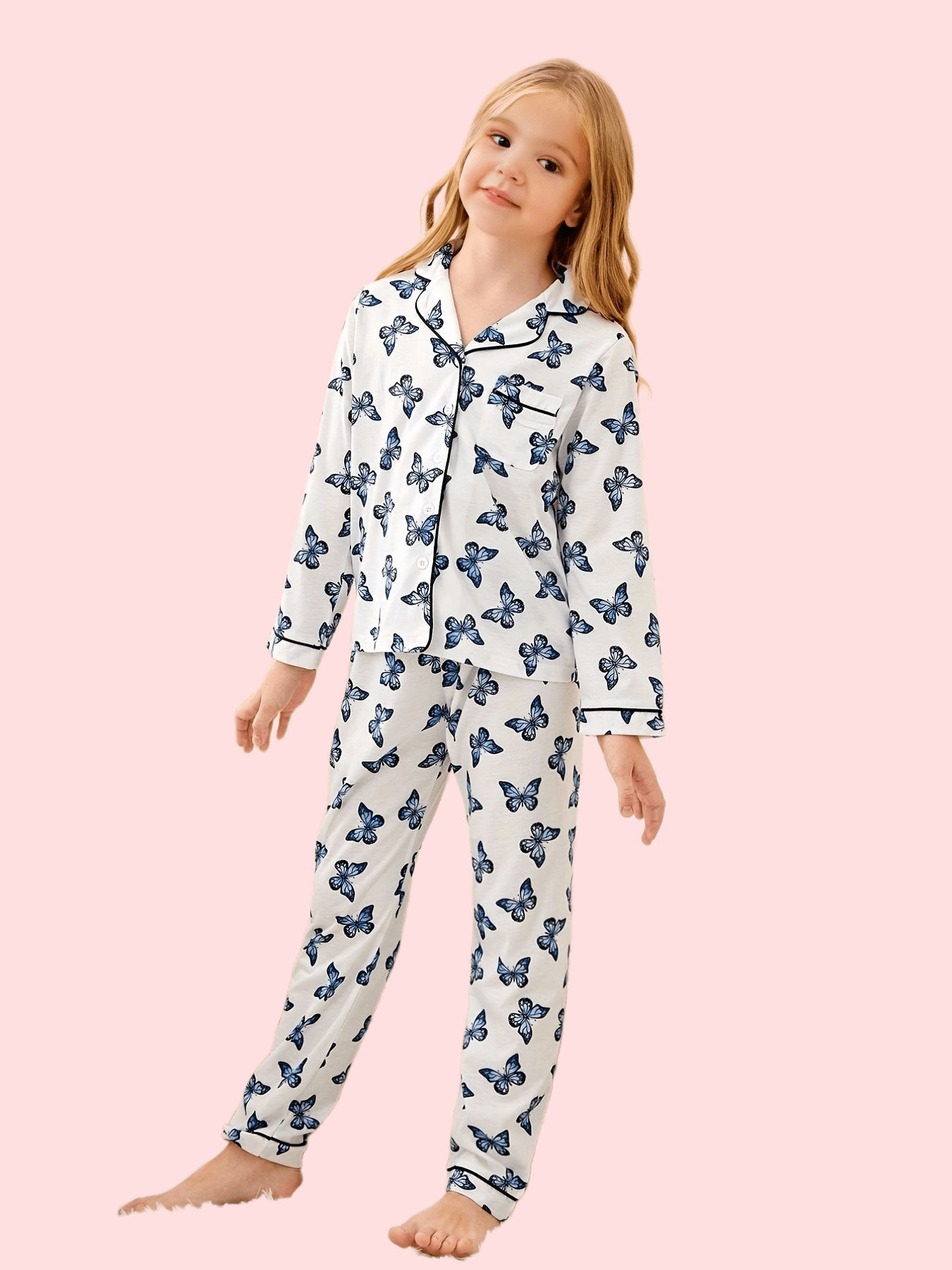 Kids 2pcs Butterfly Print Pajama Set Long Sleeve Top & Pants