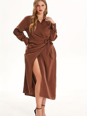 Satin V Neck Long Sleeve Wrap Maxi Dress Women's Plus Medium
