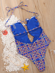 Floral Print Ruffle Trim One Piece Swimsuit Cut Out Bathing Suit
