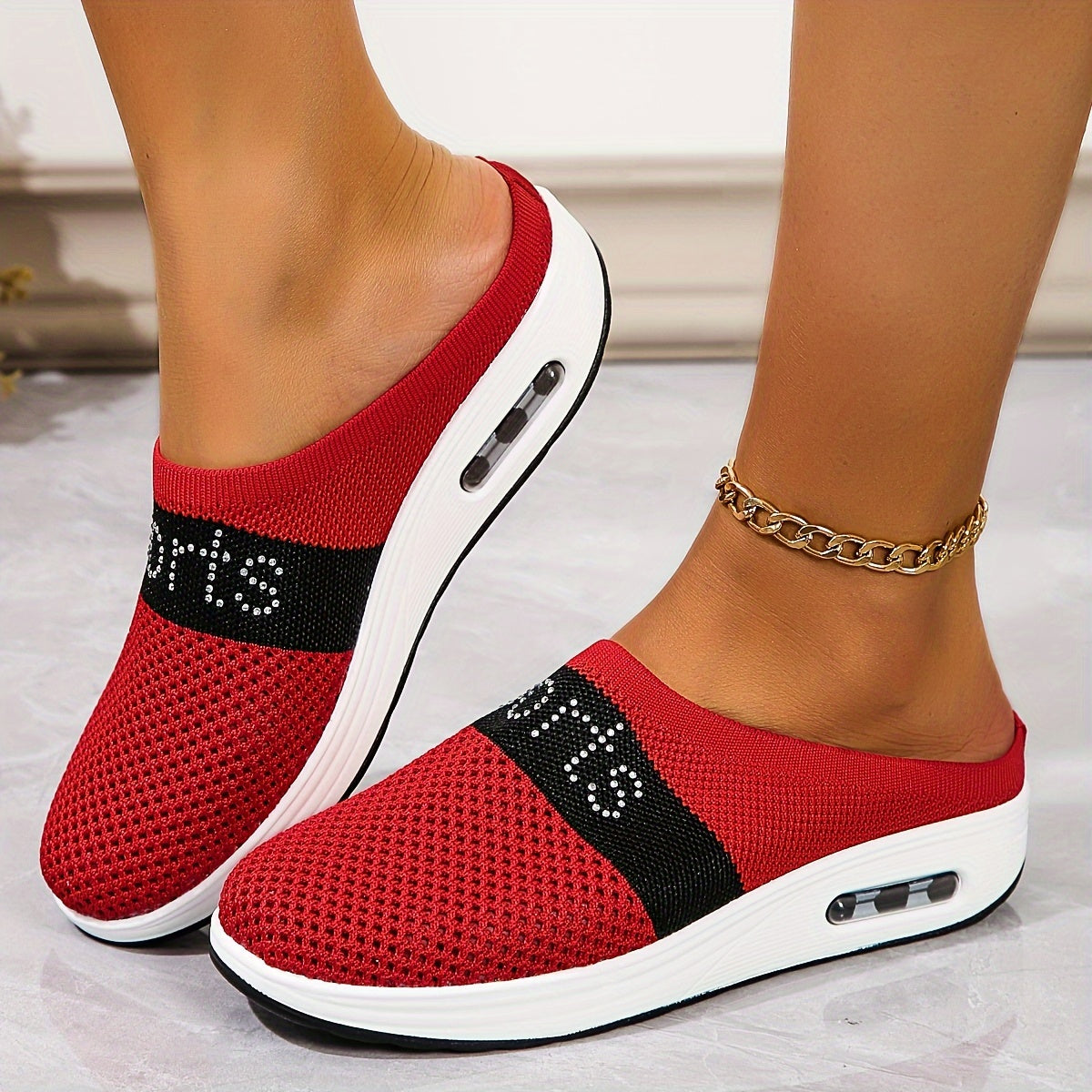 Women's Rhinestone Letter Sport Slippers Breathable Mesh Chunky Sneakers